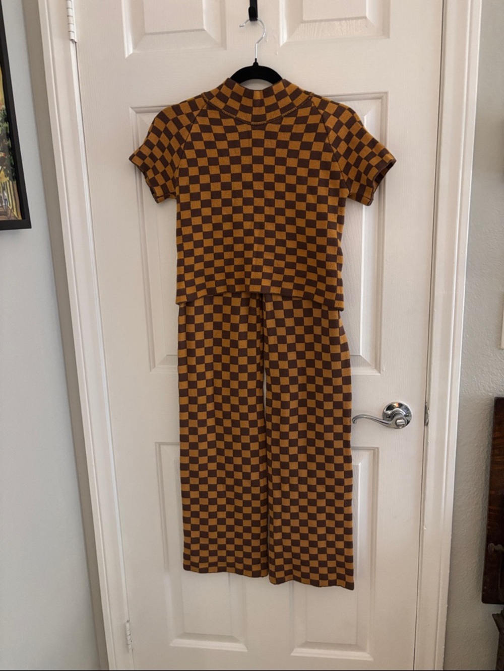 Checkerboard Knit Pantsuit in Brown and Mustard